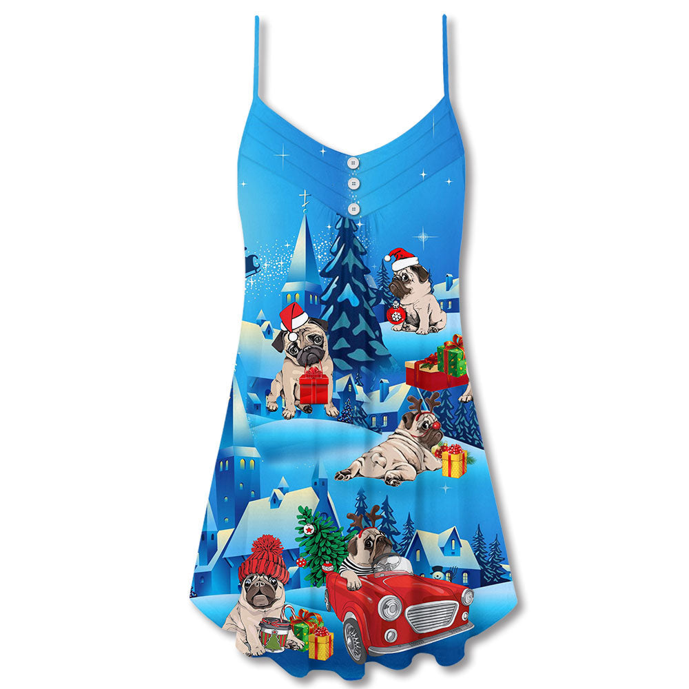 Pug Santa Merry Christmas Snow – Women's Summer Sleeveless V-Neck Camisole Dress