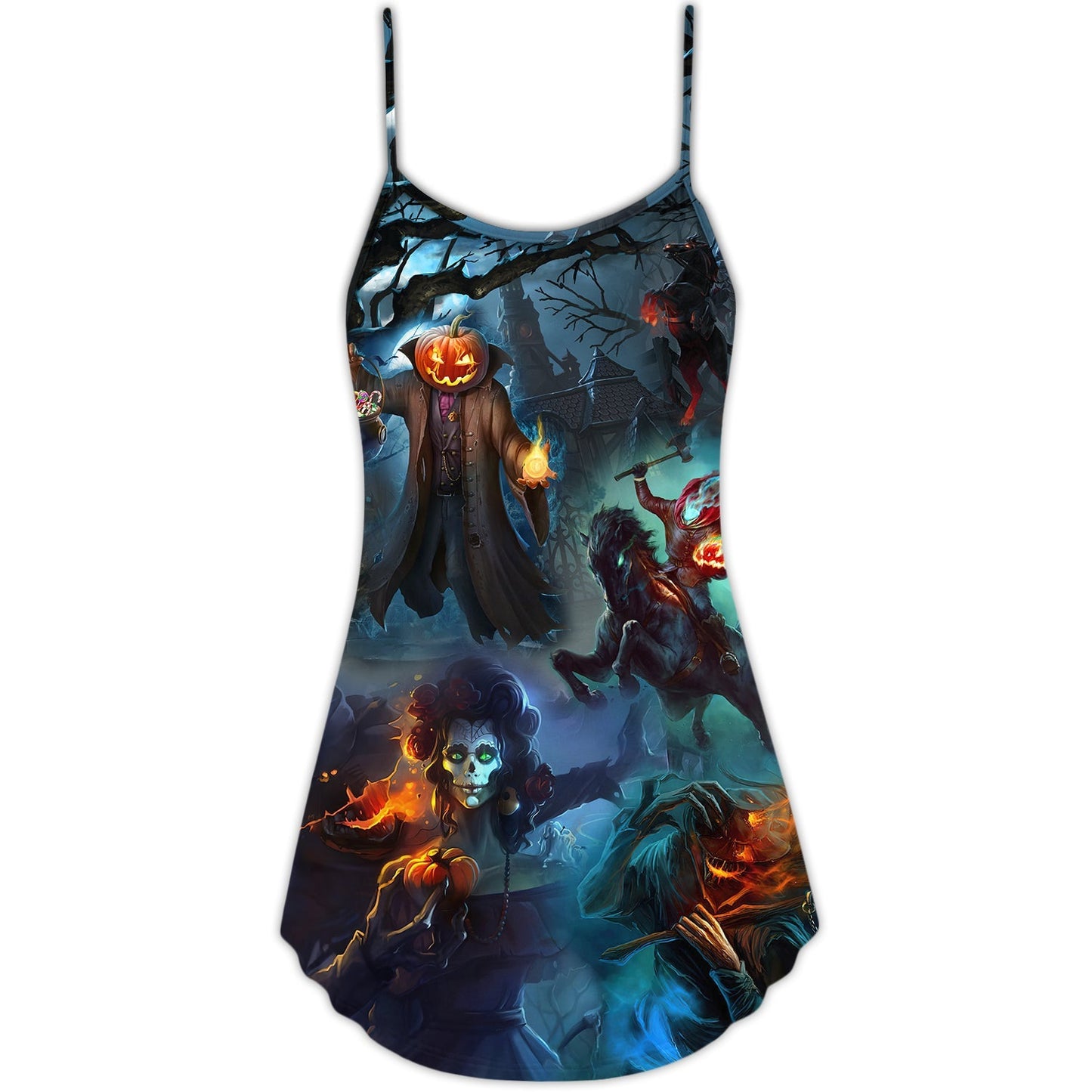 Halloween Skull Pumpkin Night V-Neck Sleeveless Cami Dress For Spooky Season Events And Relaxed Casual Styling