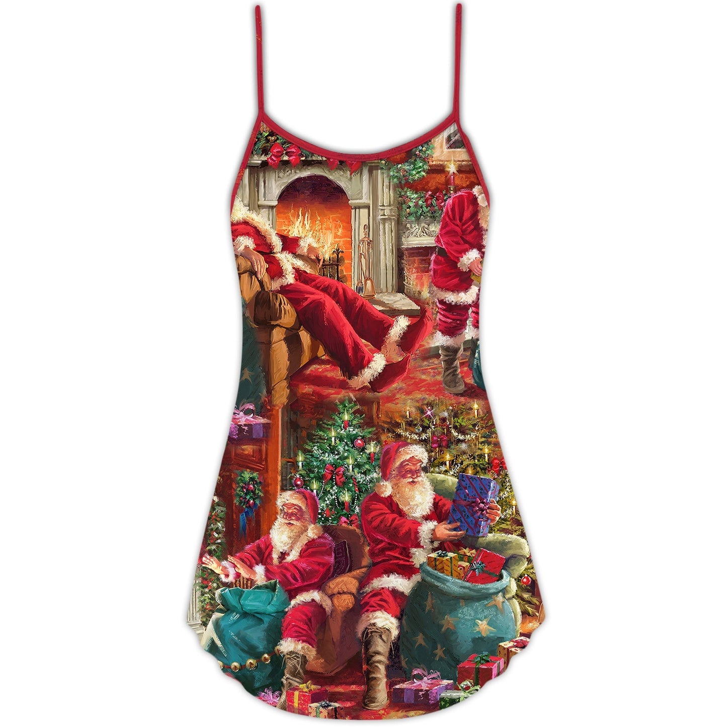 Santa Story Cozy Christmas Art V-Neck Sleeveless Cami Dress For Festivals Travel And Relaxed Casual Summer Wear