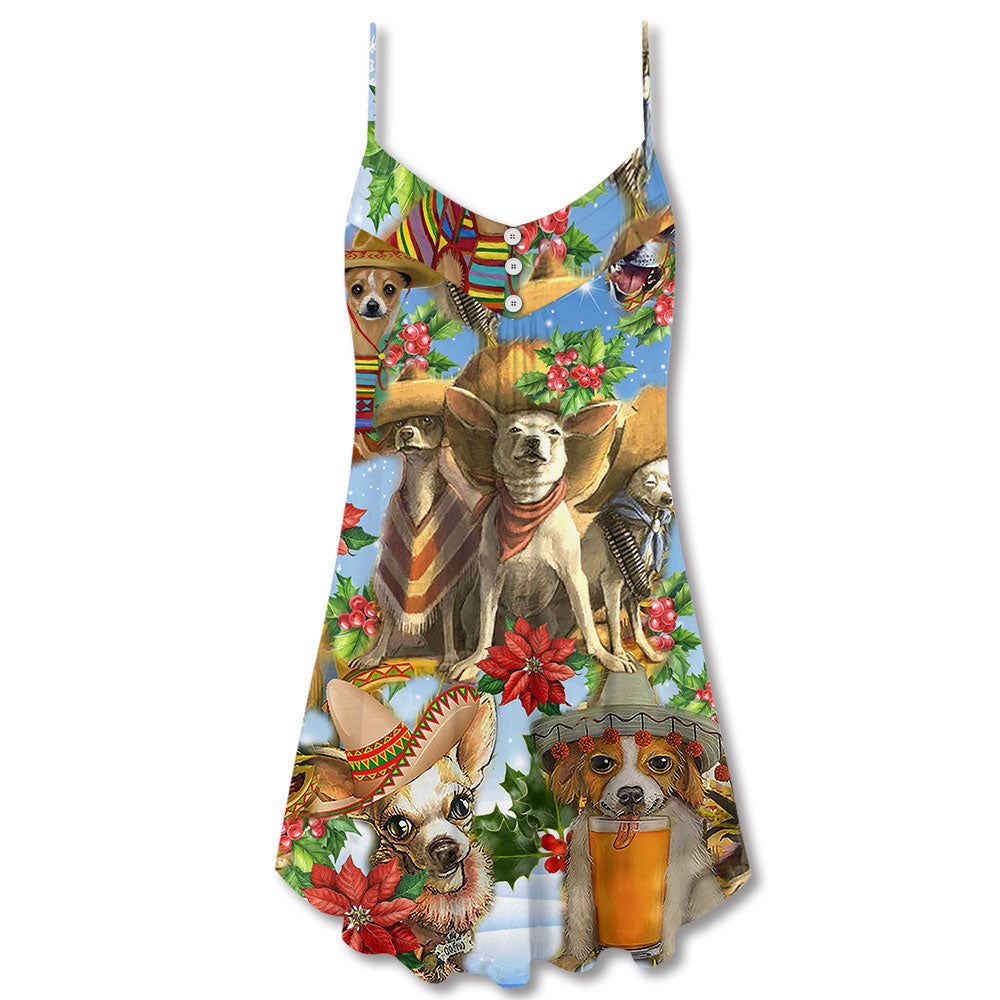 Chihuahua Dog Lover Christmas V-Neck Sleeveless Cami Dress For Vacations And Casual Warm Weather Wear