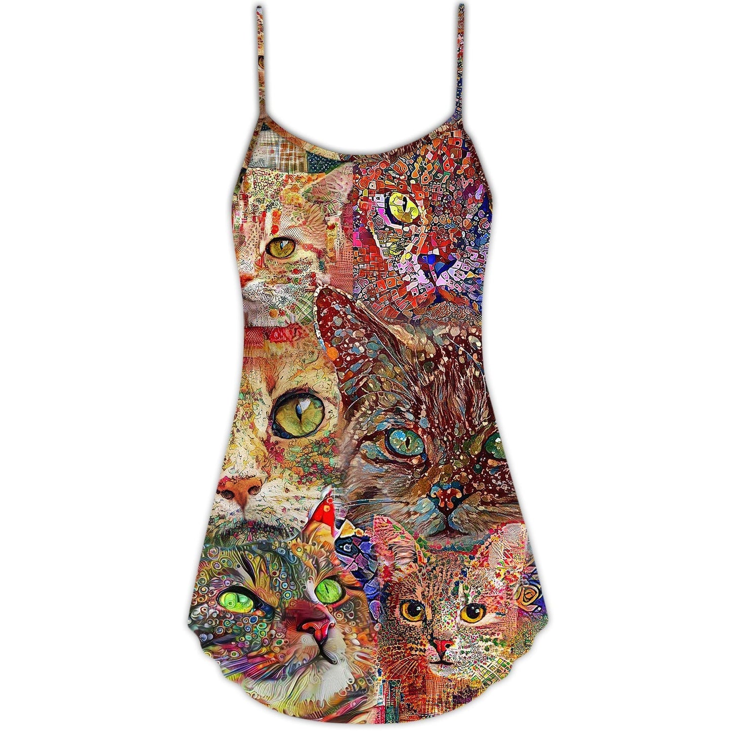 Colorful Cat Art Lover V-Neck Sleeveless Cami Dress For Vacations And Casual Warm Weather Wear