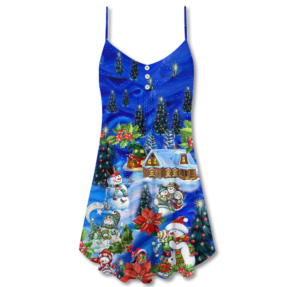 Snowman Chilling With Snowmies Christmas V-Neck Sleeveless Cami Dress For Vacations And Casual Warm Weather Wear