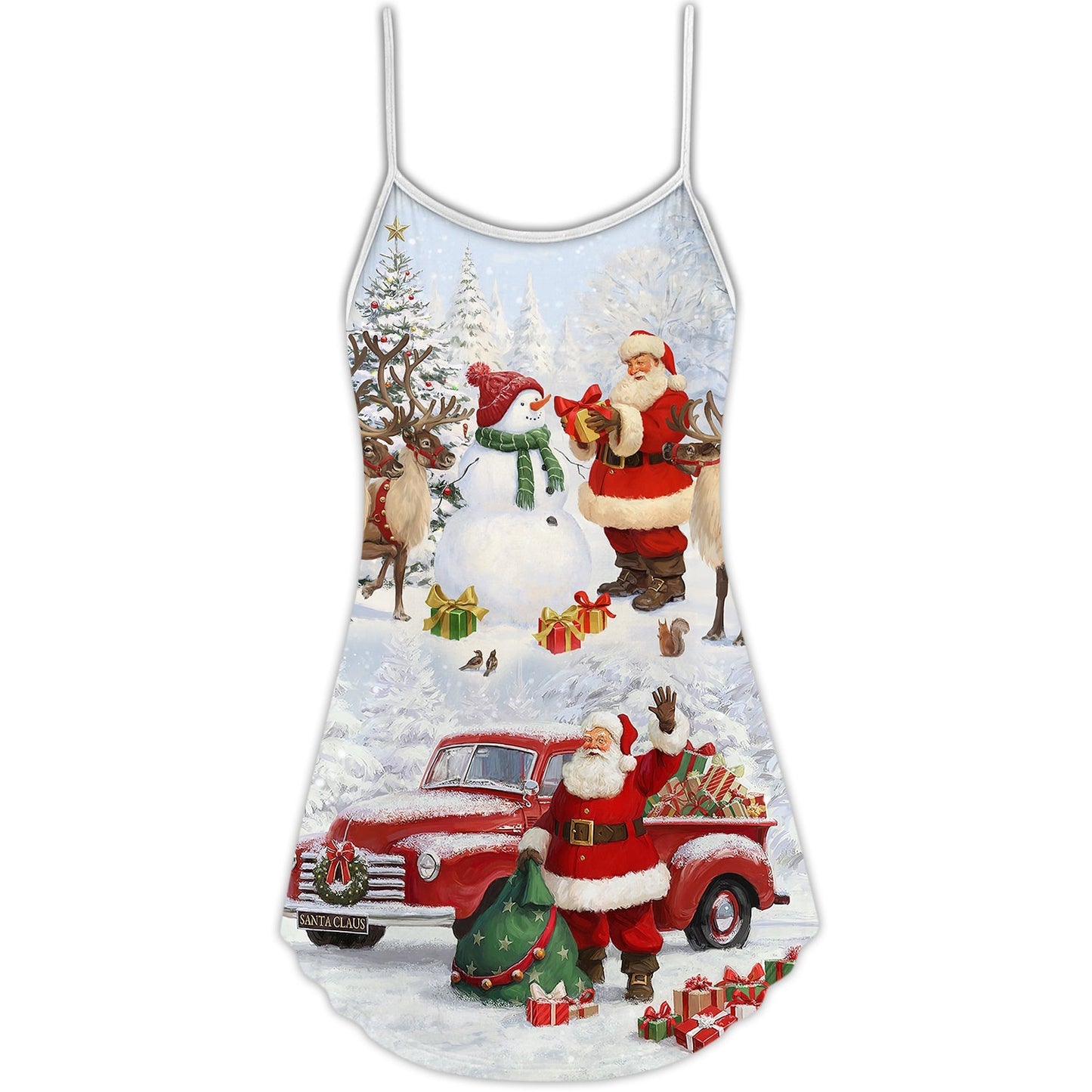 Santa Snow Gift Christmas V-Neck Sleeveless Cami Dress For Christmas Parties Travel And Bright Seasonal Fashion
