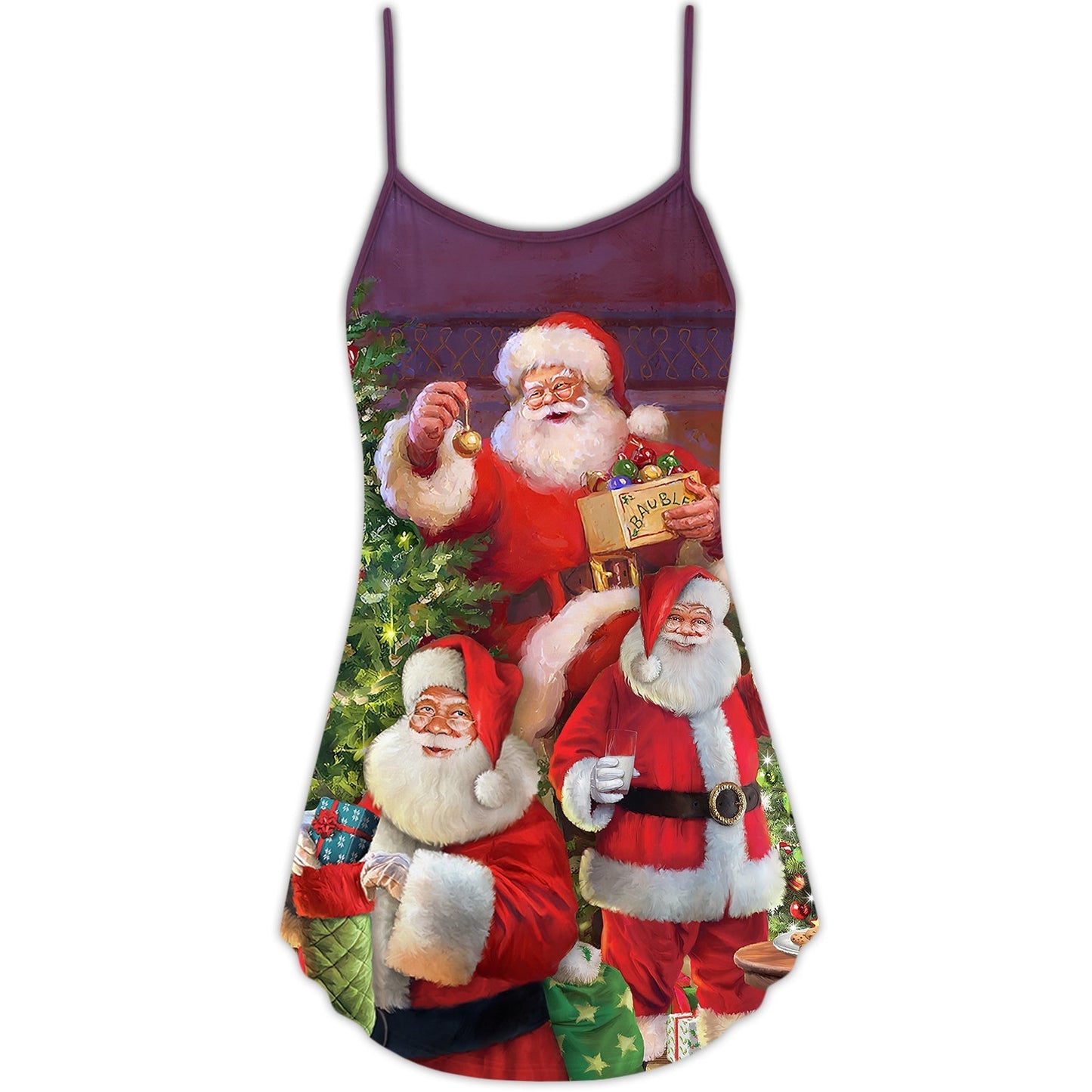 Happy Santa Christmas Gift V-Neck Sleeveless Cami Dress For Summer Vacations Festivals And Casual Everyday Wear