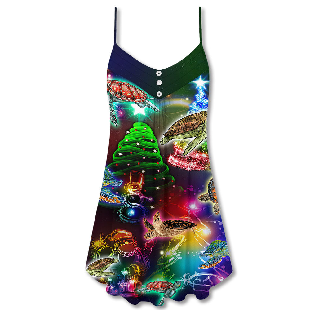 Turtle Neon Tree Merry Christmas – Women's Summer Sleeveless V-Neck Camisole Dress