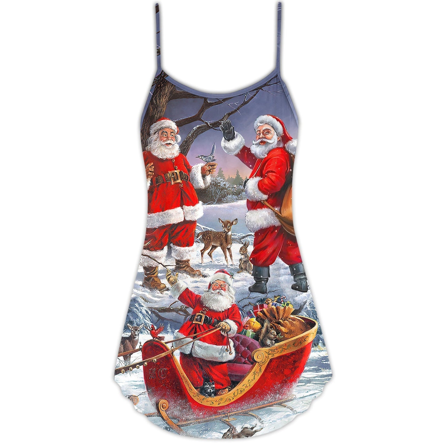 Christmas Happy Santa Holiday Art V-Neck Sleeveless Cami Dress For Holiday Parties And Relaxed Vacation Wear