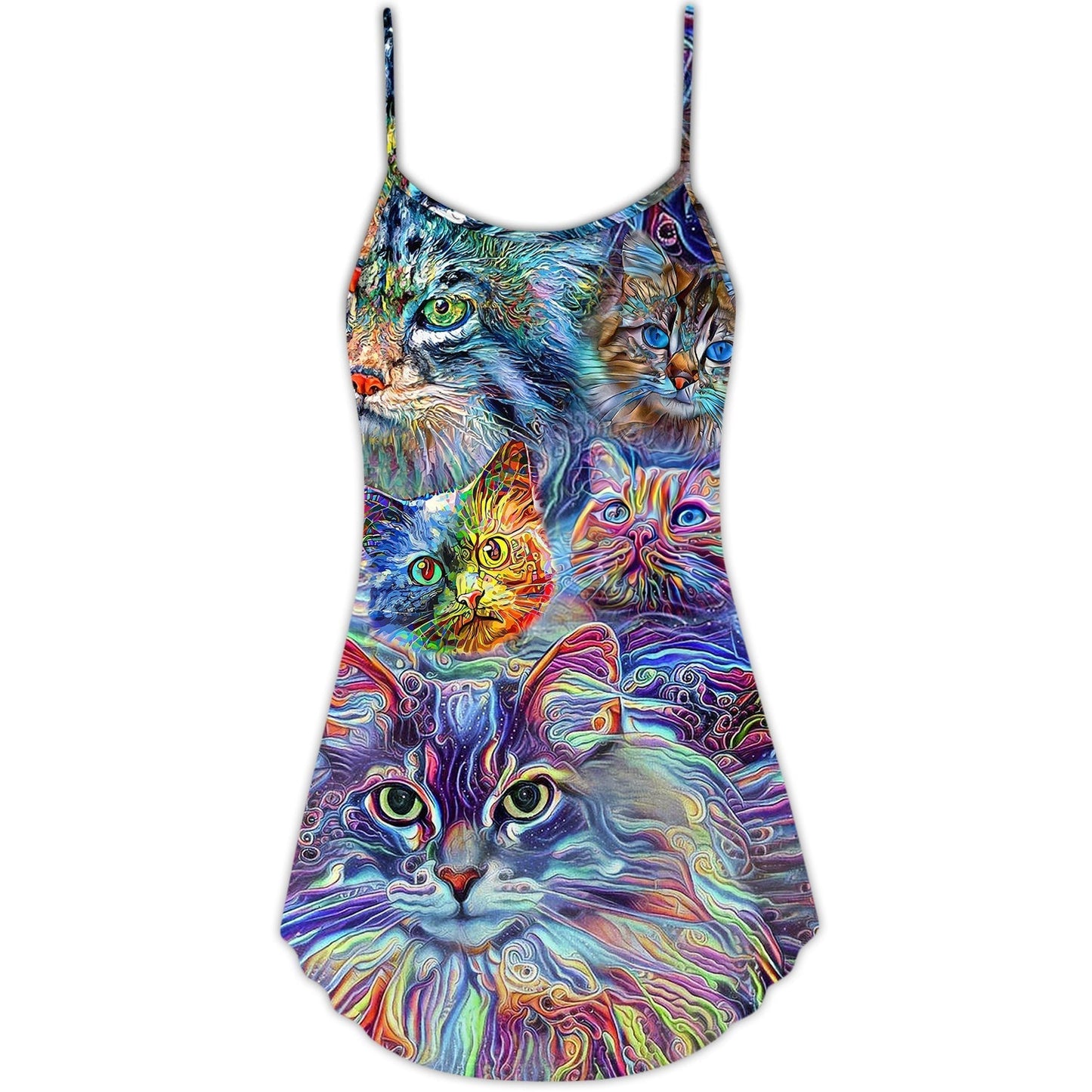 Hippie Cat Art Lover Colorful V-Neck Sleeveless Cami Dress For Festivals Travel And Relaxed Casual Summer Wear