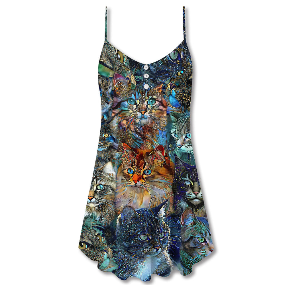 Colorful Glass Art Cat Lover V-Neck Sleeveless Cami Dress For Festivals Travel And Relaxed Casual Summer Wear