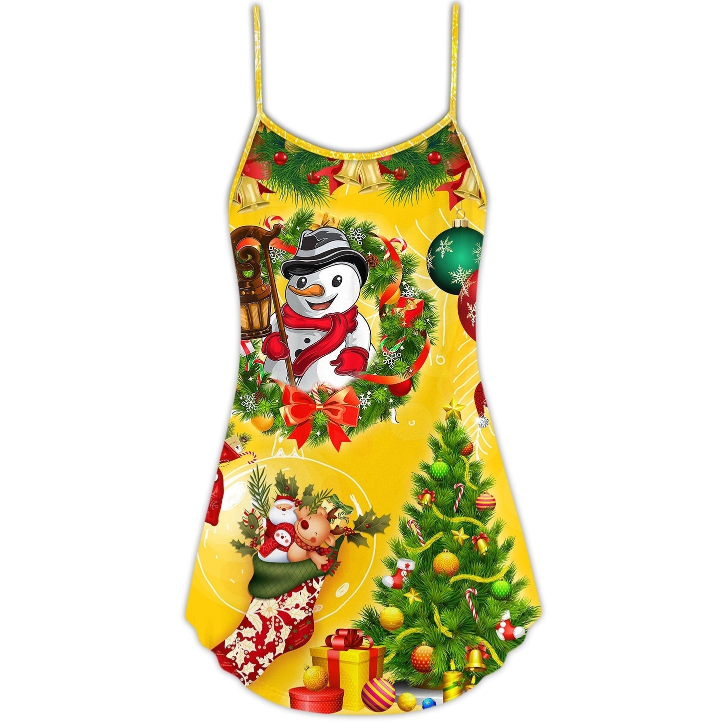 Funny Snowman Christmas Tree Lights – Women's Summer Sleeveless V-Neck Camisole Dress