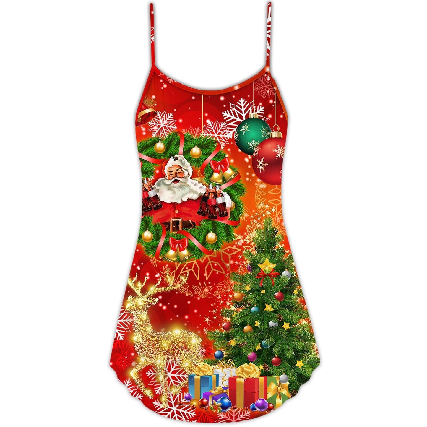 Christmas Santa Drinking Tree Lights V-Neck Sleeveless Cami Dress For Vacations And Casual Warm Weather Wear