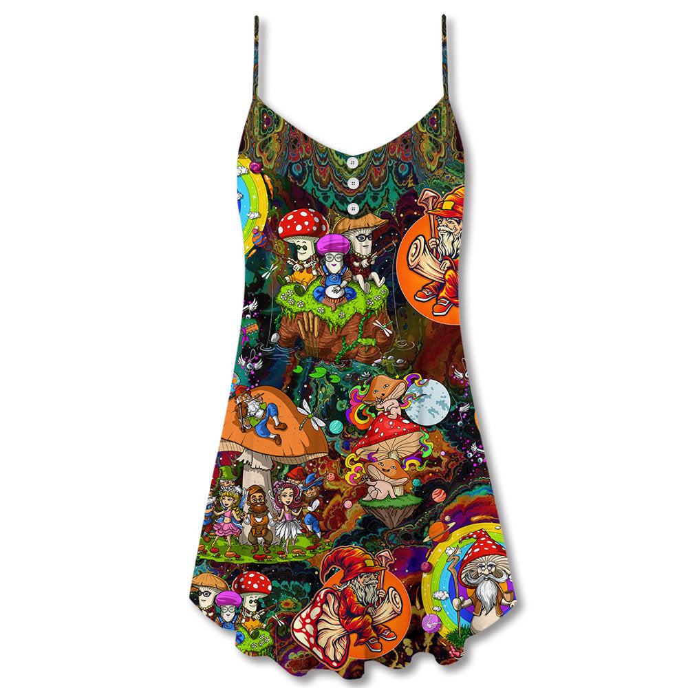 Hippie Mushroom Trippy Colorful Lover V-Neck Sleeveless Cami Dress For Vacations And Casual Warm Weather Wear