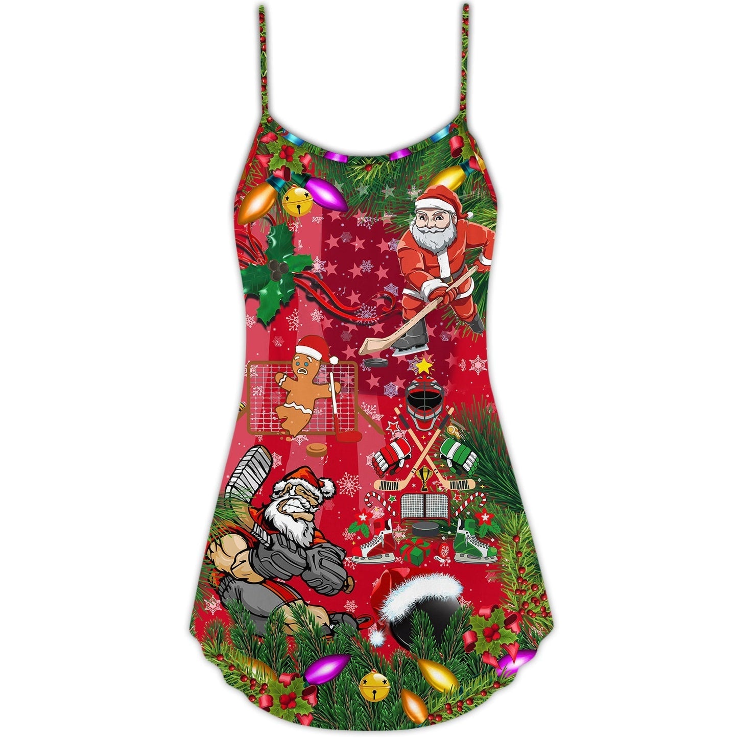 Christmas Hockey Fun With Santa – Women's Summer Sleeveless V-Neck Camisole Dress