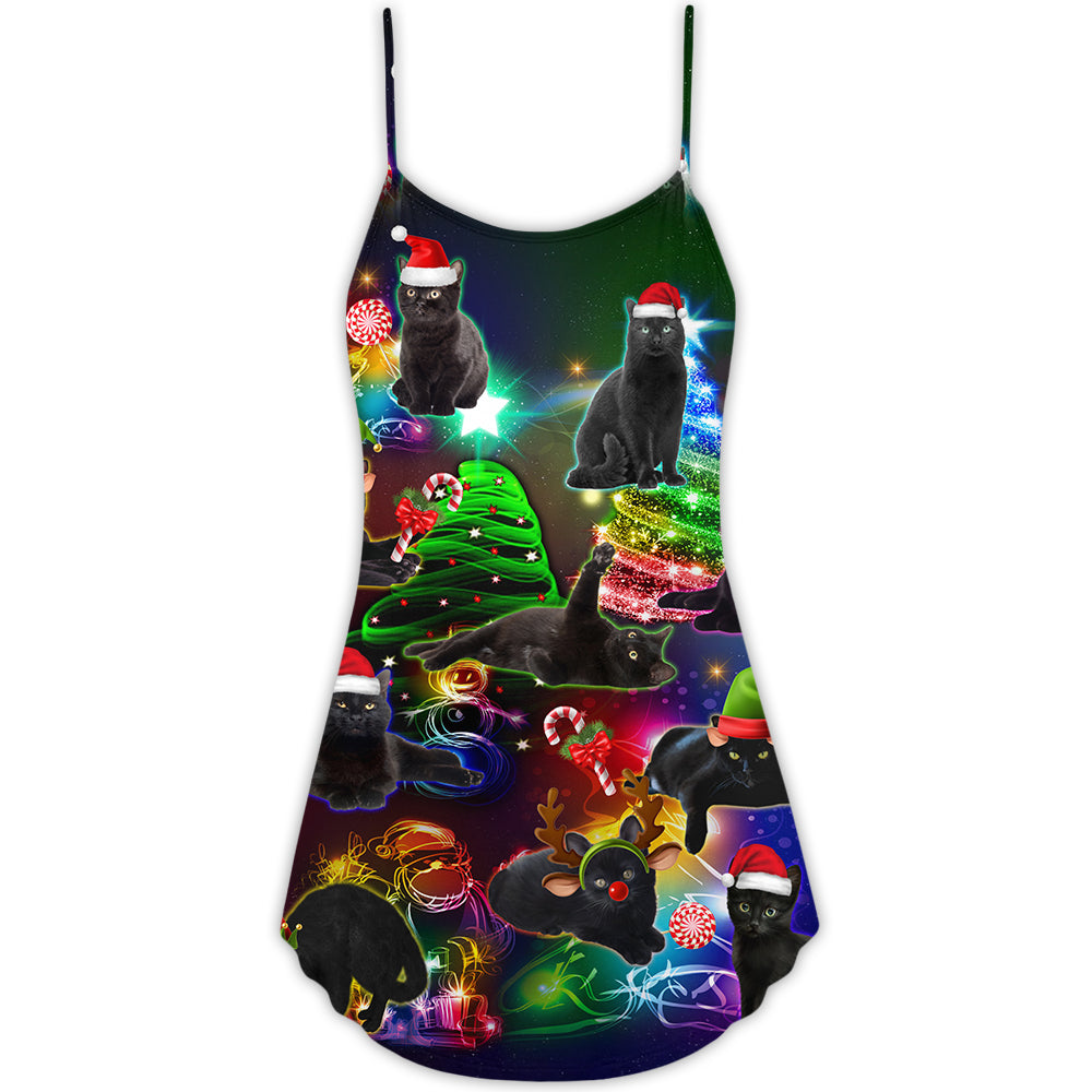 Christmas Tree Black Cat – Women's Summer Sleeveless V-Neck Camisole Dress