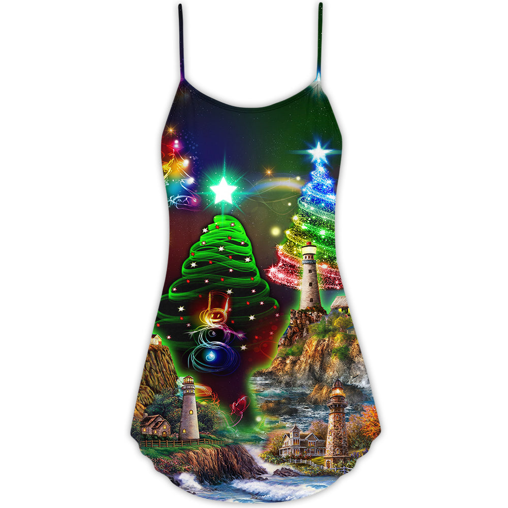 Lighthouse Merry Christmas Happy – Women's Summer Sleeveless V-Neck Camisole Dress