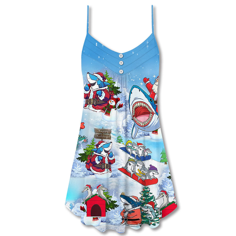 Shark Santa Love Merry Christmas V-Neck Sleeveless Cami Dress For Summer Events And Comfortable Everyday Style