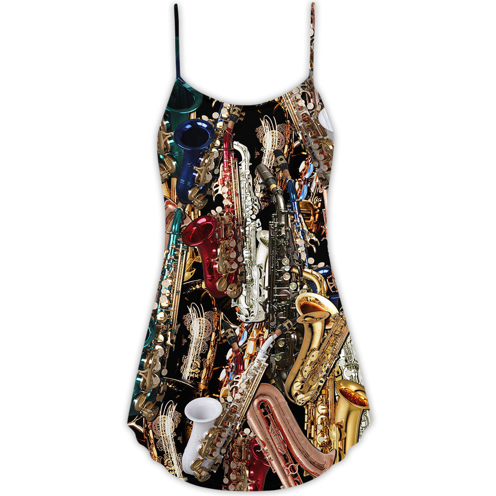 Saxophone Music Lover Quote V-Neck Sleeveless Cami Dress For Music Lovers Travel And Expressive Summer Fashion