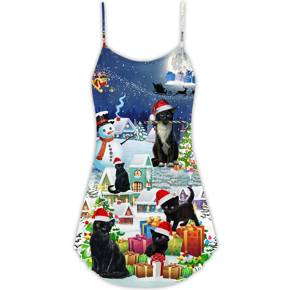 Black Cat Merry Catmas Christmas – Women's Summer Sleeveless V-Neck Camisole Dress