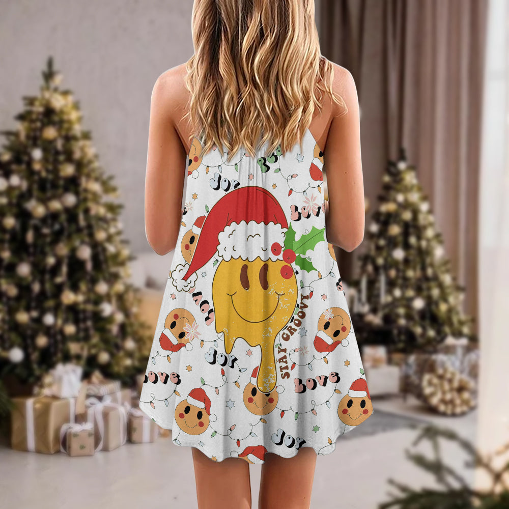 Groovy Santa Smile V-Neck Sleeveless Cami Dress For Vacations And Casual Warm Weather Wear
