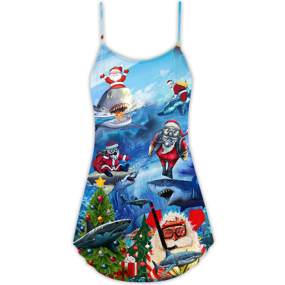 Shark Love Santa Merry Christmas – Women's Summer Sleeveless V-Neck Camisole Dress