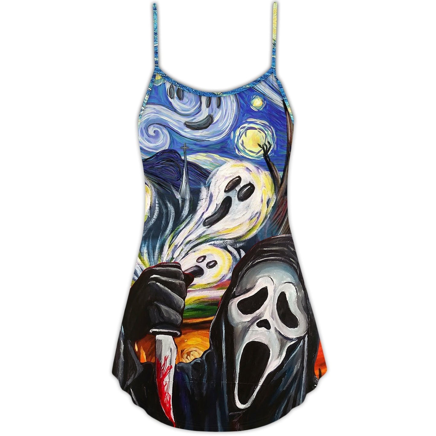 Halloween Ghost Starry Night Funny V-Neck Sleeveless Cami Dress For Summer Events And Comfortable Everyday Style