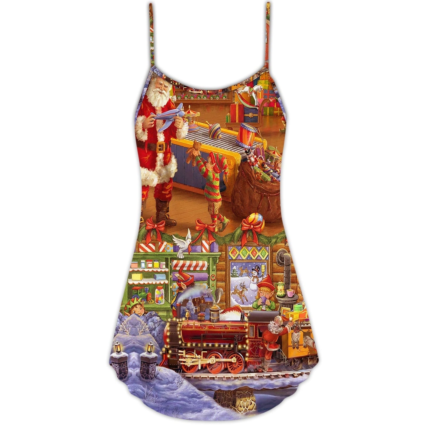 Christmas Santa Happiness Train V-Neck Sleeveless Cami Dress For Festive Events And Casual Summer Styling