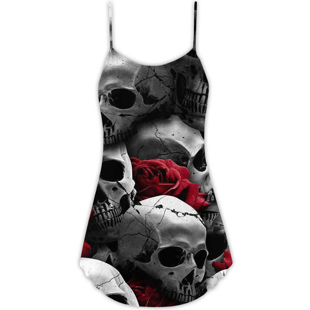 Skull Love Rose Gothic Style – Women's Summer Sleeveless V-Neck Camisole Dress
