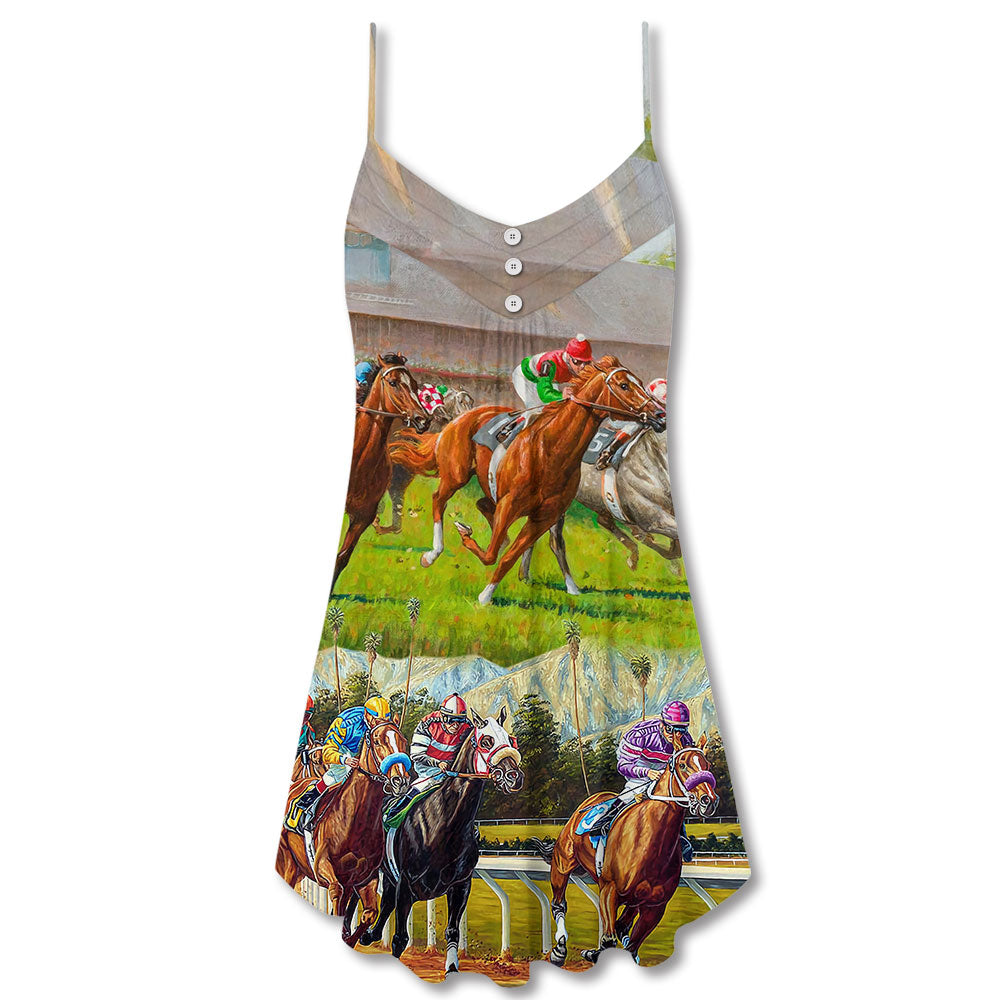 Horse Racing Don't Look Back V-Neck Sleeveless Cami Dress For Festivals Travel And Relaxed Casual Summer Wear