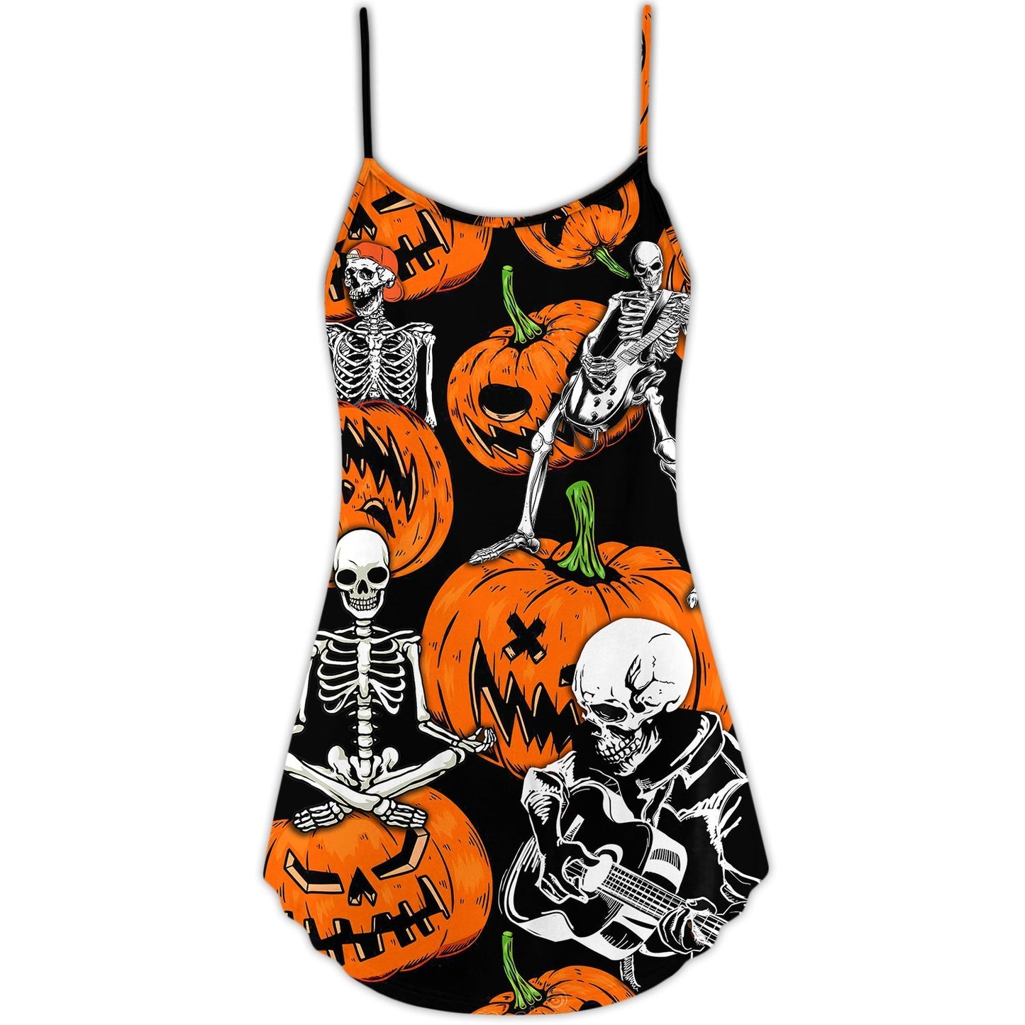 Halloween Skeleton Pumpkin Scary V-Neck Sleeveless Cami Dress For Summer Events And Comfortable Everyday Style