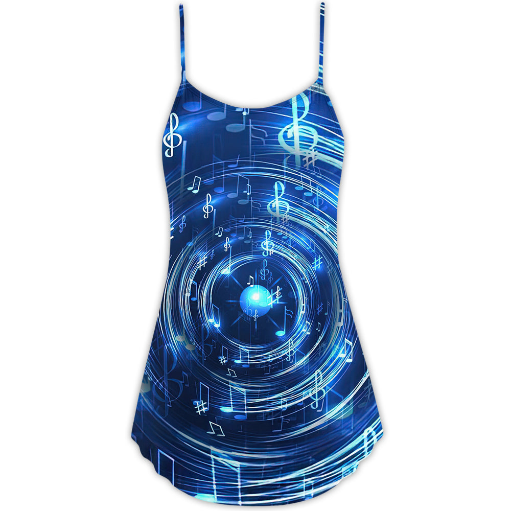 Music Neon Circle Notes V-Neck Sleeveless Cami Dress For Music Festivals Summer Parties And Creative Casual Wear