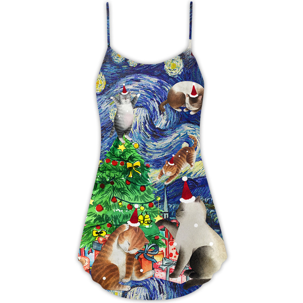 Christmas Cat Starry Night – Women's Summer Sleeveless V-Neck Camisole Dress