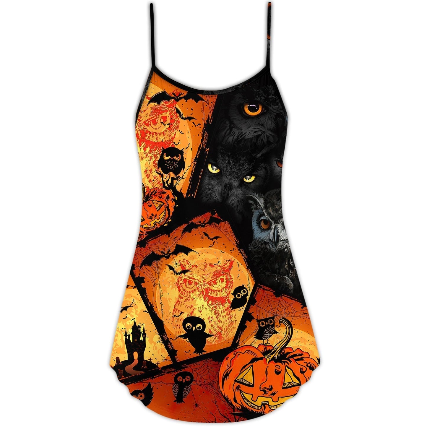 Halloween Owl Pumpkin Night V-Neck Sleeveless Cami Dress For Festivals Travel And Relaxed Casual Summer Wear