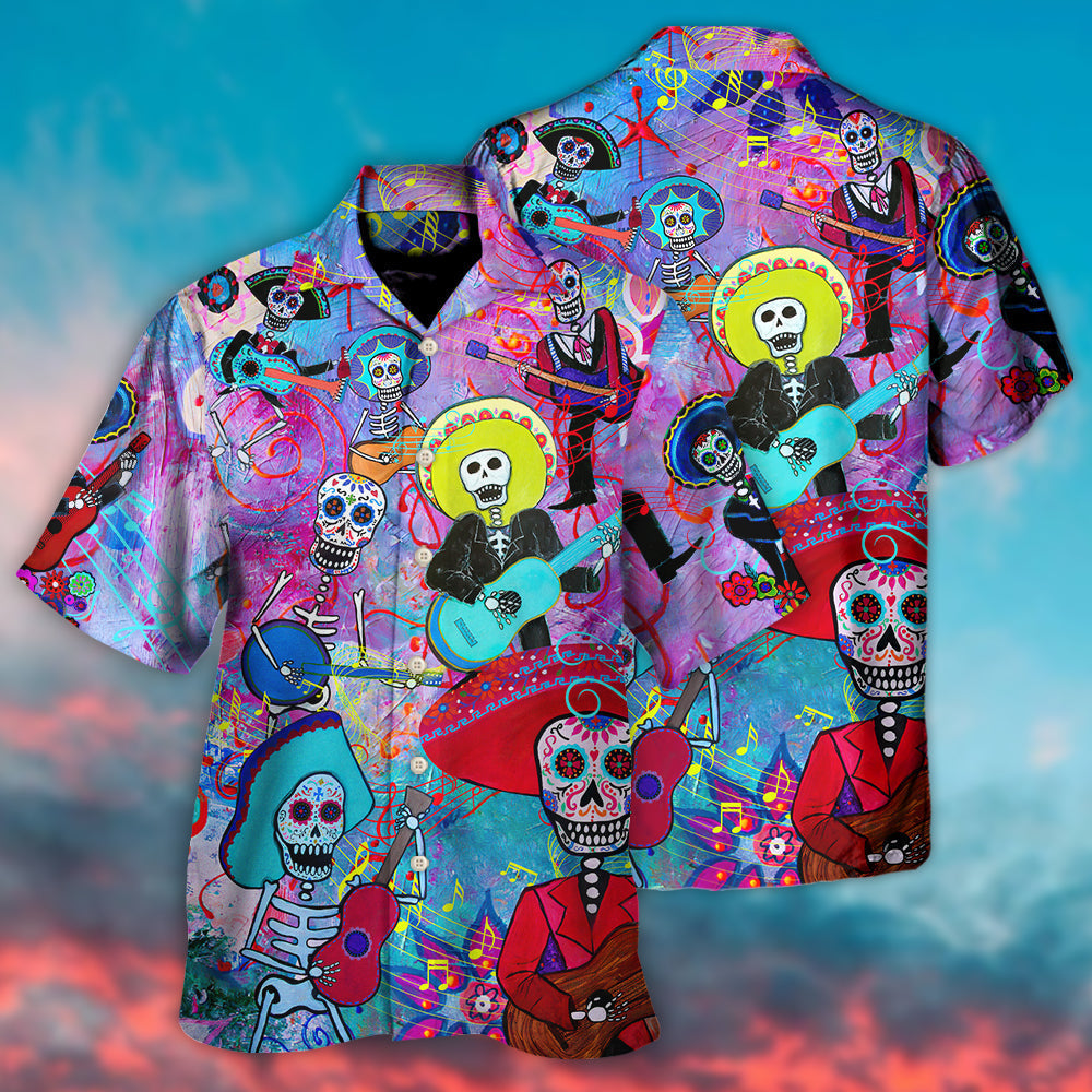Floral Guitar Sugar Skull Hawaiian Shirt Artwork Detail For Tropical Trips And Casual Outings
