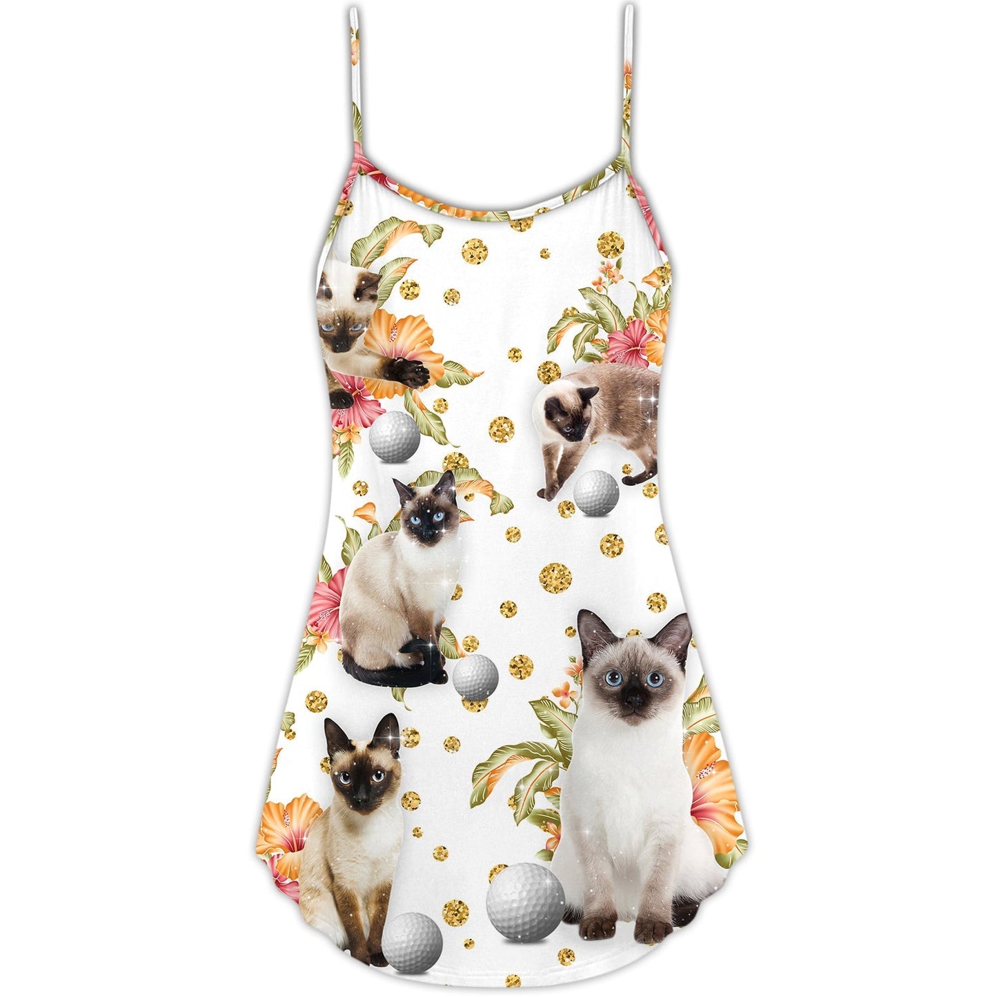 Cat Playing Golf Bling Flower V-Neck Sleeveless Cami Dress For Summer Events And Comfortable Everyday Style