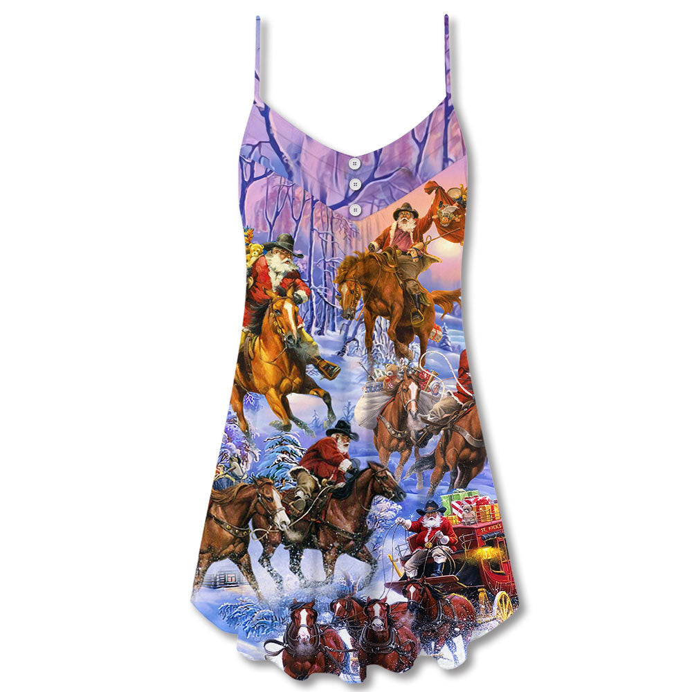 Santa And Horse Holiday V-Neck Sleeveless Cami Dress For Seasonal Parties Festivals And Relaxed Everyday Outfits