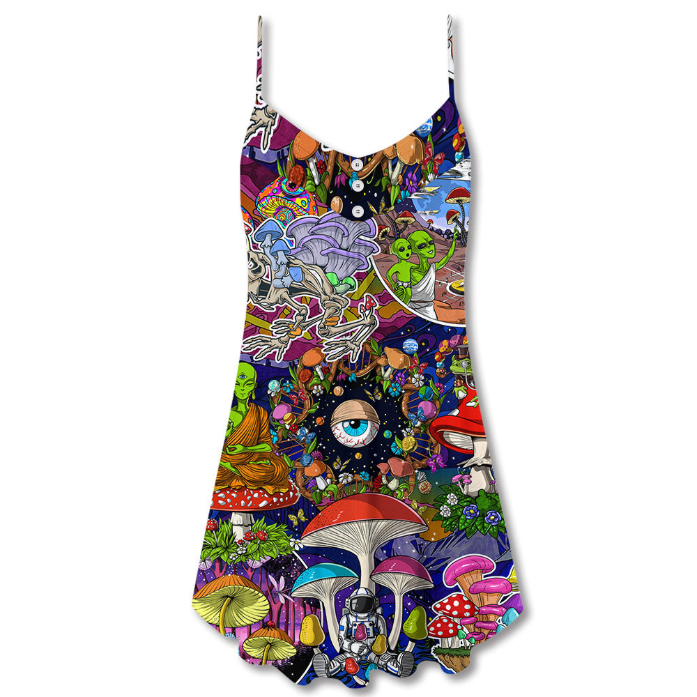 Hippie Mushroom Aliens Stay Hippie V-Neck Sleeveless Cami Dress For Summer Events And Comfortable Everyday Style