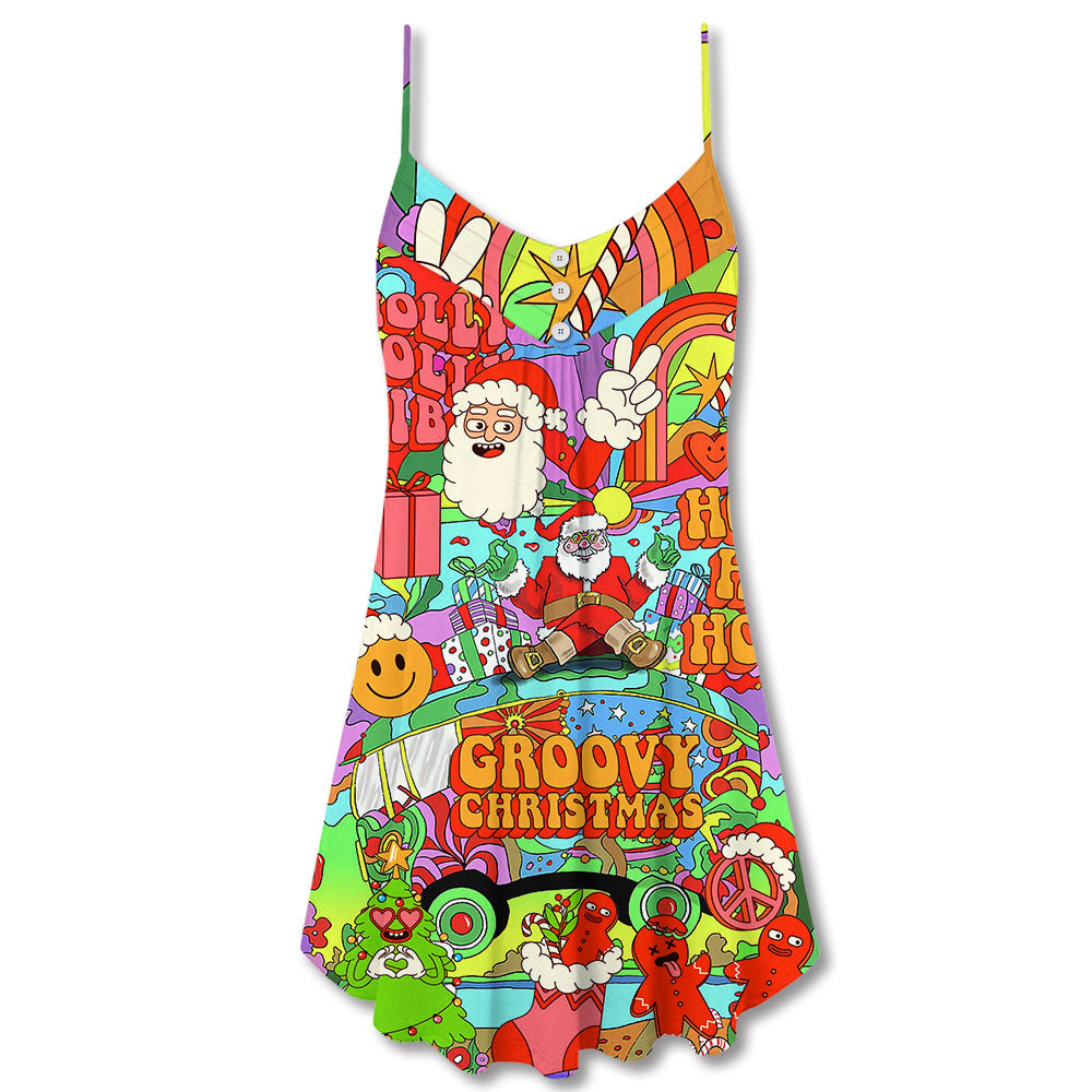 Hippie Santa Peace Bus V-Neck Sleeveless Cami Dress For Christmas Events Vacations And Playful Warm Weather Wear