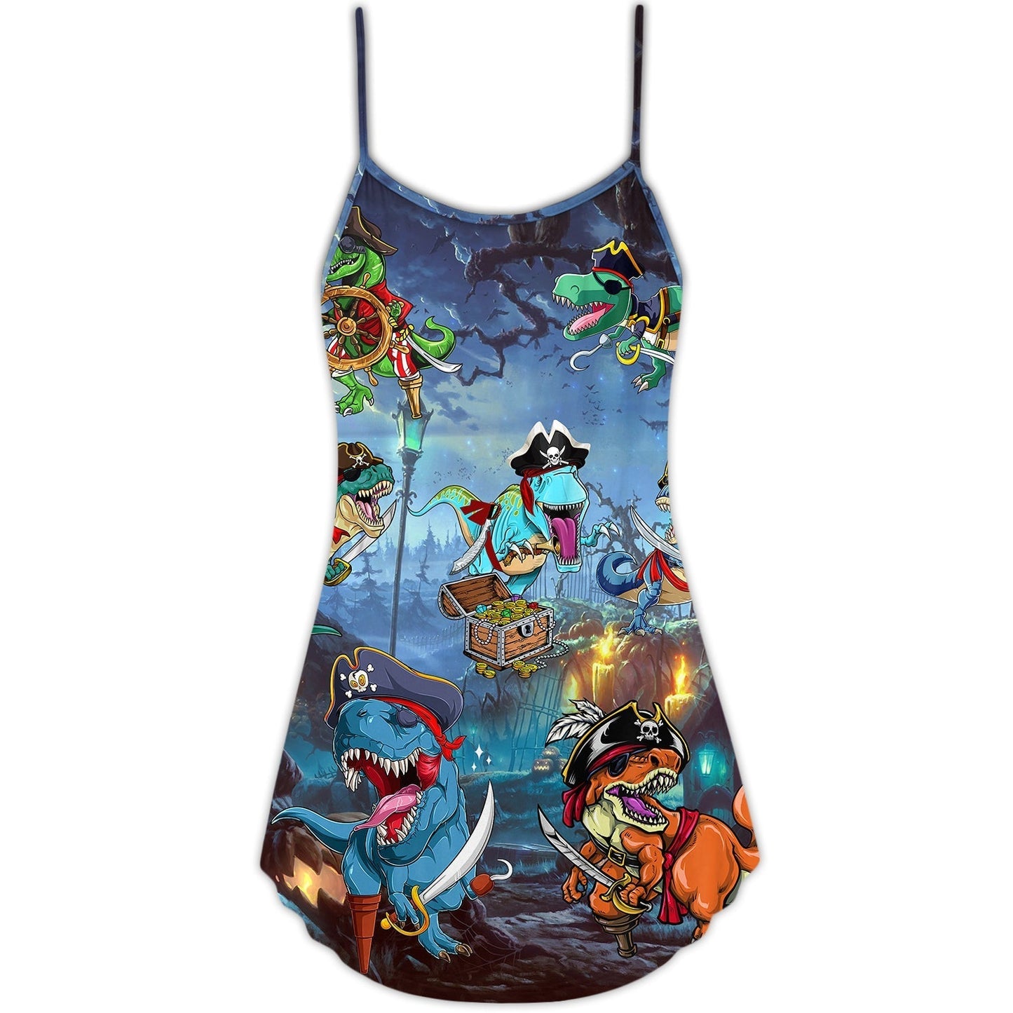 Halloween Pirate Dinosaur Night V-Neck Sleeveless Cami Dress For Spooky Season Events And Relaxed Casual Styling