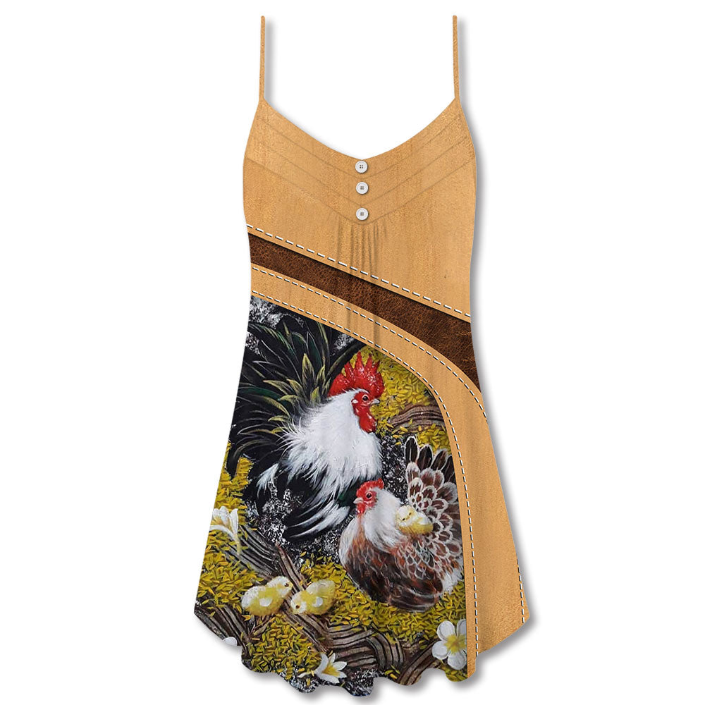 Old Rooster And Cute Chick V-Neck Sleeveless Cami Dress For Festivals Travel And Relaxed Casual Summer Wear