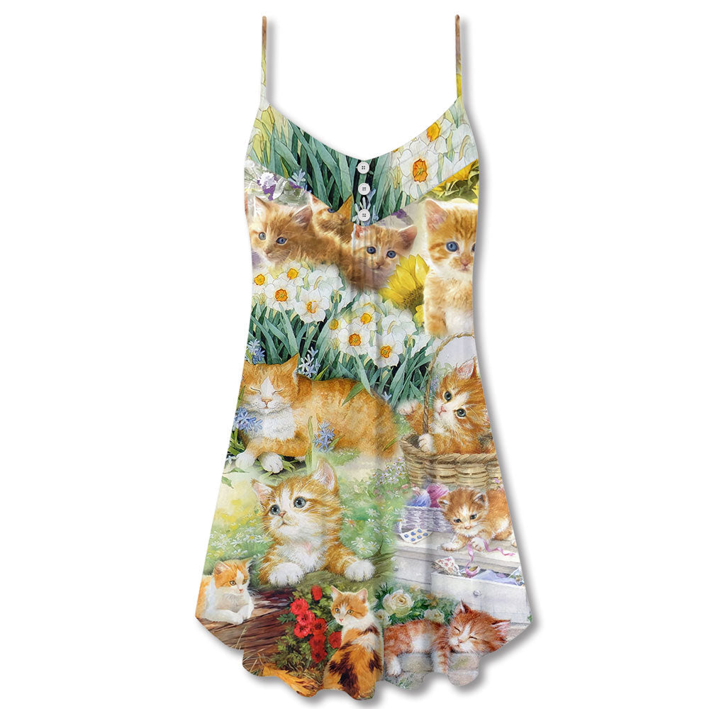 Yellow Kitty Lover Art V-Neck Sleeveless Cami Dress For Summer Vacations Festivals And Playful Casual Styling
