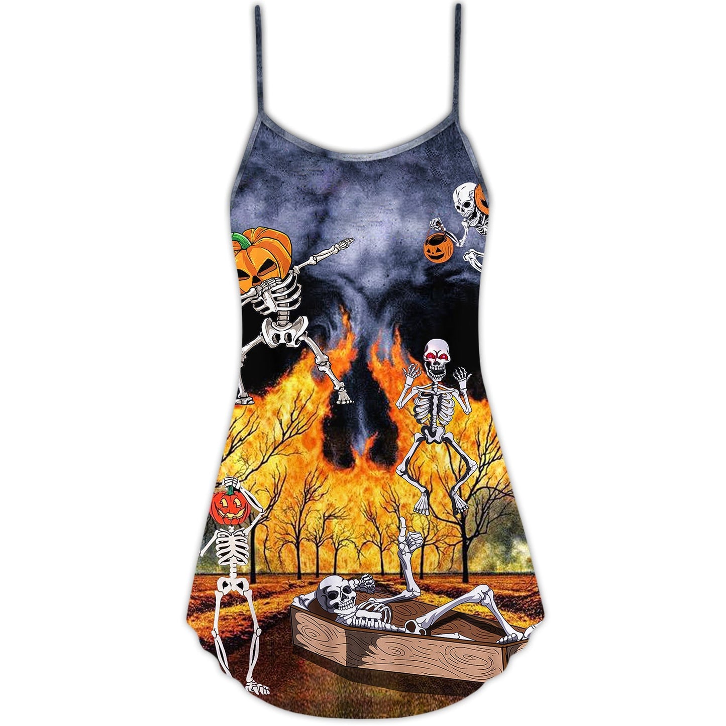 Halloween Skeleton Party Pumpkin Scary V-Neck Sleeveless Cami Dress For Vacations And Casual Warm Weather Wear