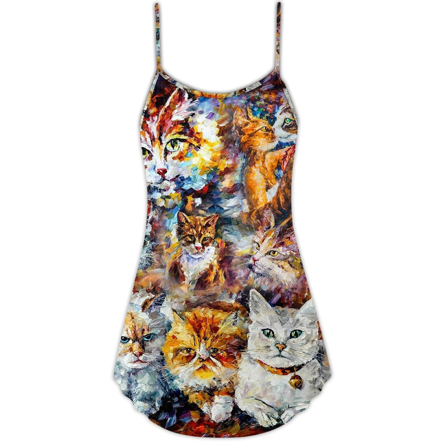 Colorful Cat Art Mixer V-Neck Sleeveless Cami Dress For Festivals Travel And Relaxed Casual Summer Wear
