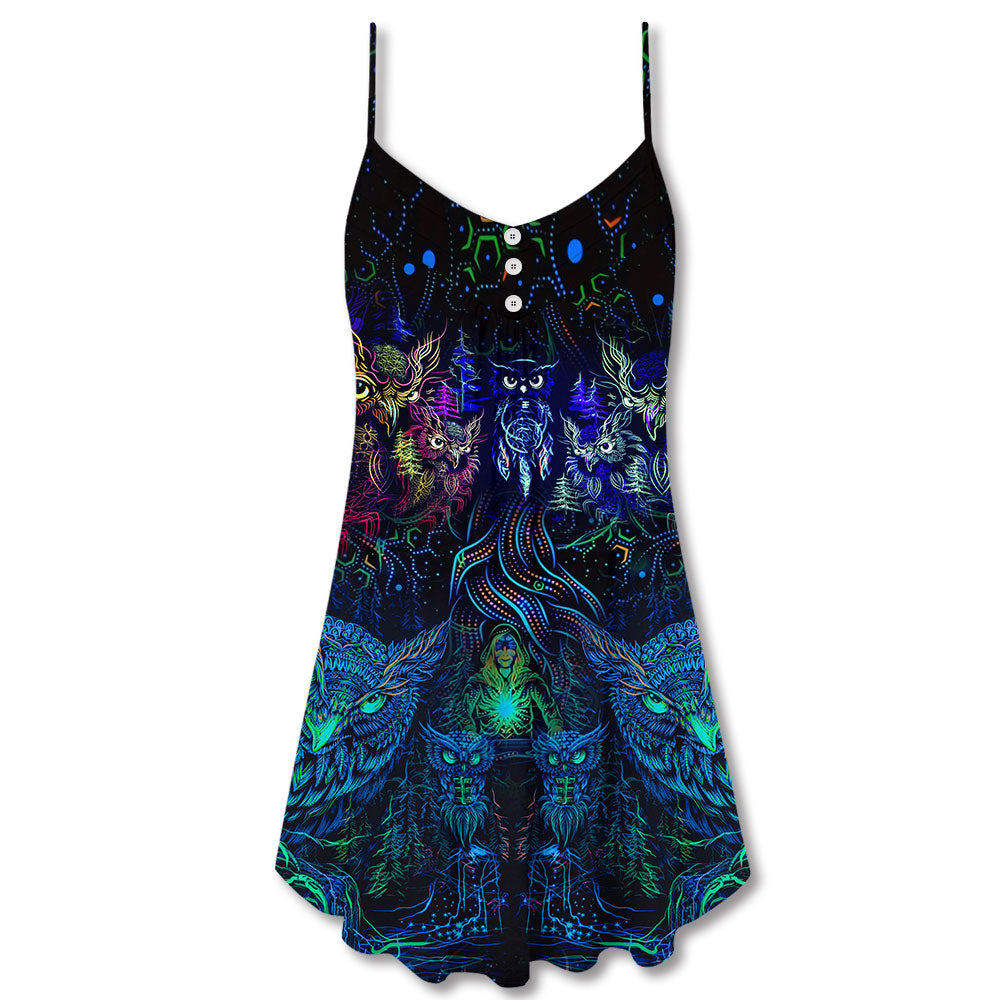 Owl And Witch Colorful Darkness V-Neck Sleeveless Cami Dress For Spooky Season Events And Relaxed Casual Styling