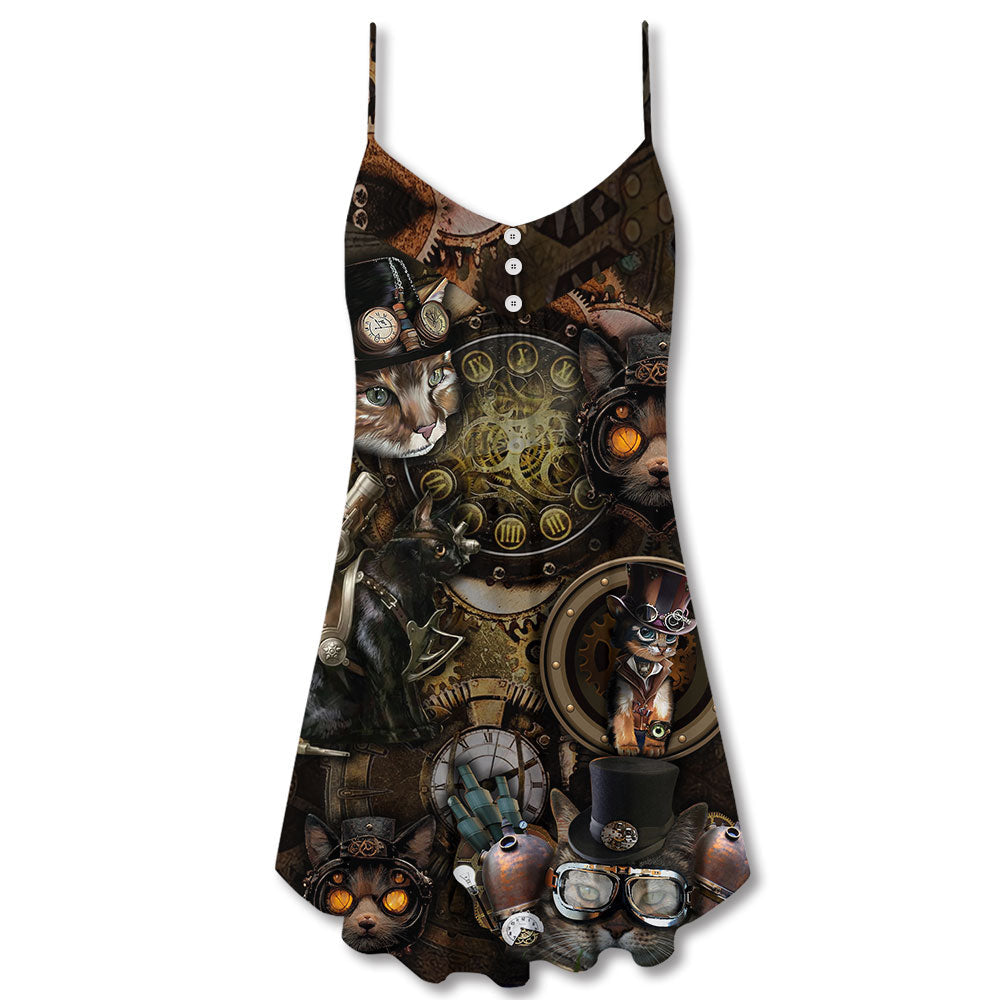 Steampunk Cat Magic Style V-Neck Sleeveless Cami Dress For Casual Outings Vacations And Summer Style
