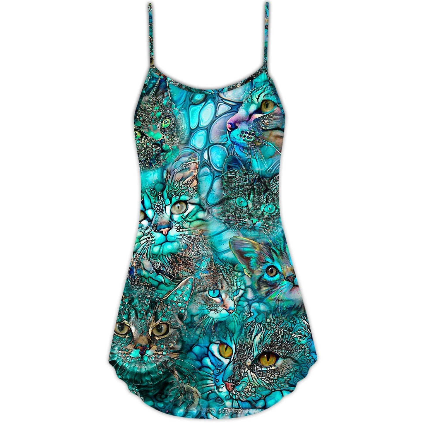 Blue Cat Art Lover Colorful V-Neck Sleeveless Cami Dress For Beach Trips Parties And Relaxed Warm Weather Style