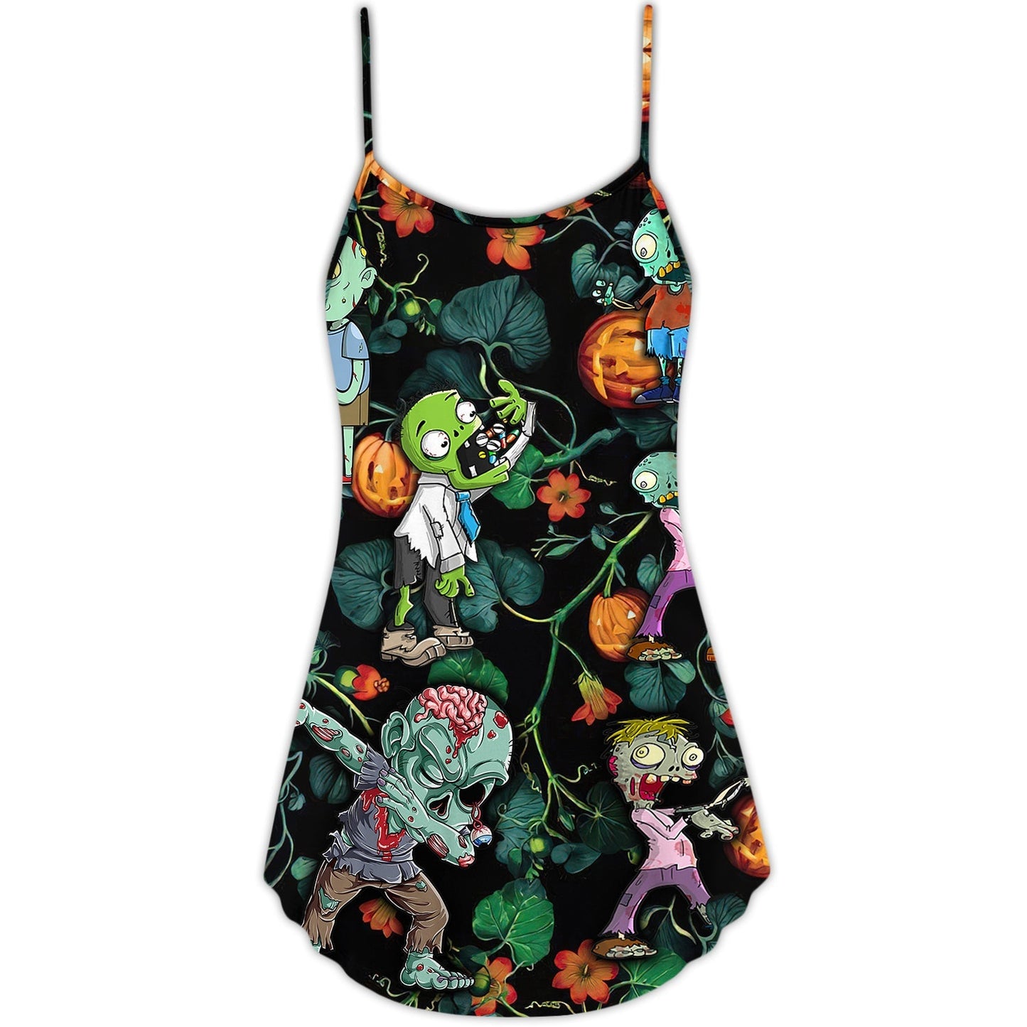 Halloween Zombie Tropical Pumpkin Scary V-Neck Sleeveless Cami Dress For Vacations And Casual Warm Weather Wear