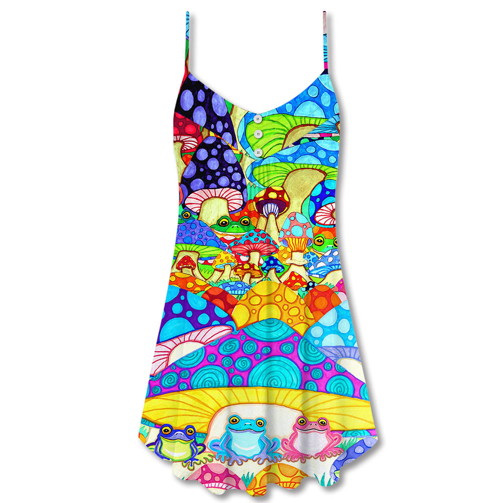 Hippie Frog Mushroom Colorful Peace V-Neck Sleeveless Cami Dress For Vacations And Casual Warm Weather Wear