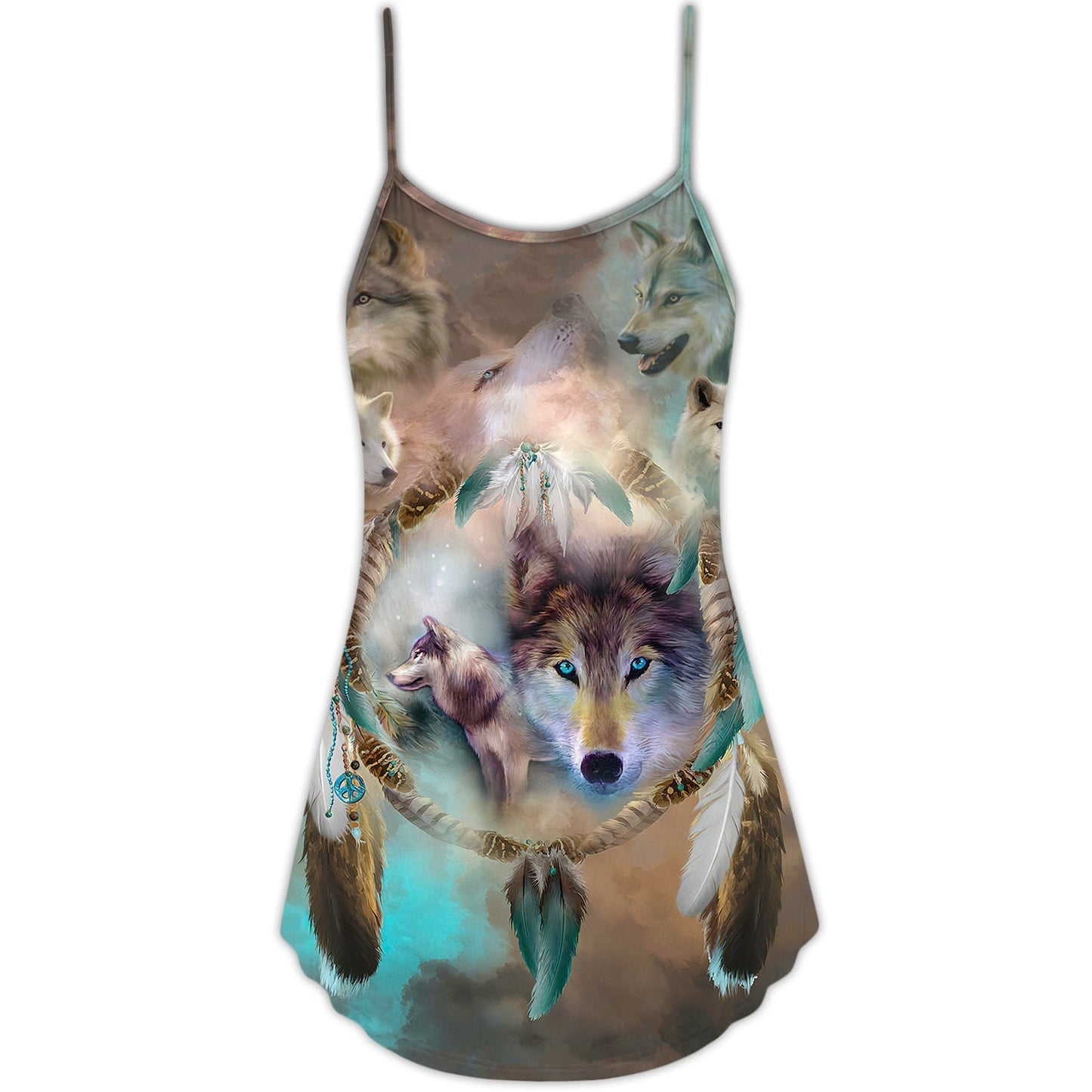 Tribal Wolf Dream Catcher Style V-Neck Sleeveless Cami Dress For Festivals Travel And Relaxed Casual Summer Wear
