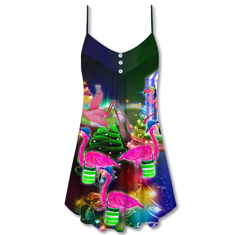 Flamingo Beach Christmas Love V-Neck Sleeveless Cami Dress For Festive Events And Casual Summer Styling