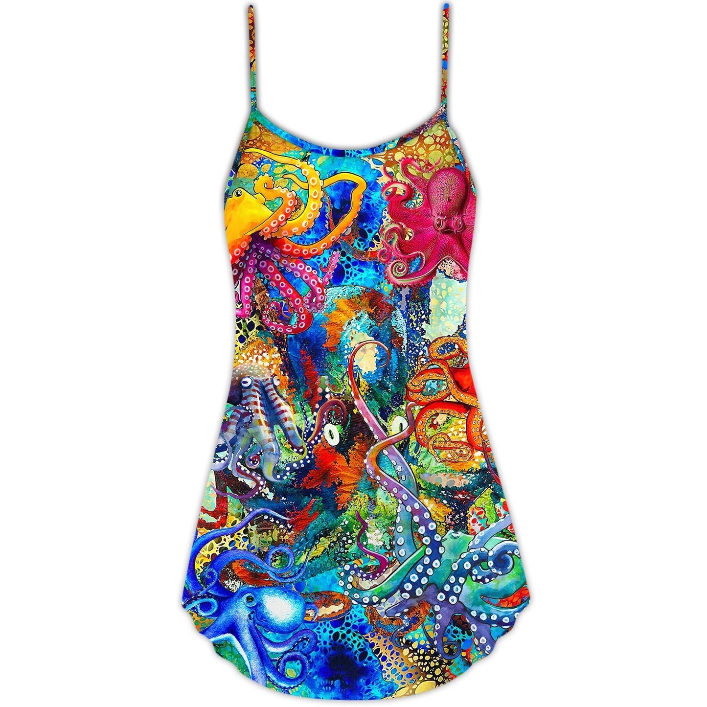 Octopus Lover Colorful Art V-Neck Sleeveless Cami Dress For Festivals Travel And Relaxed Casual Summer Wear