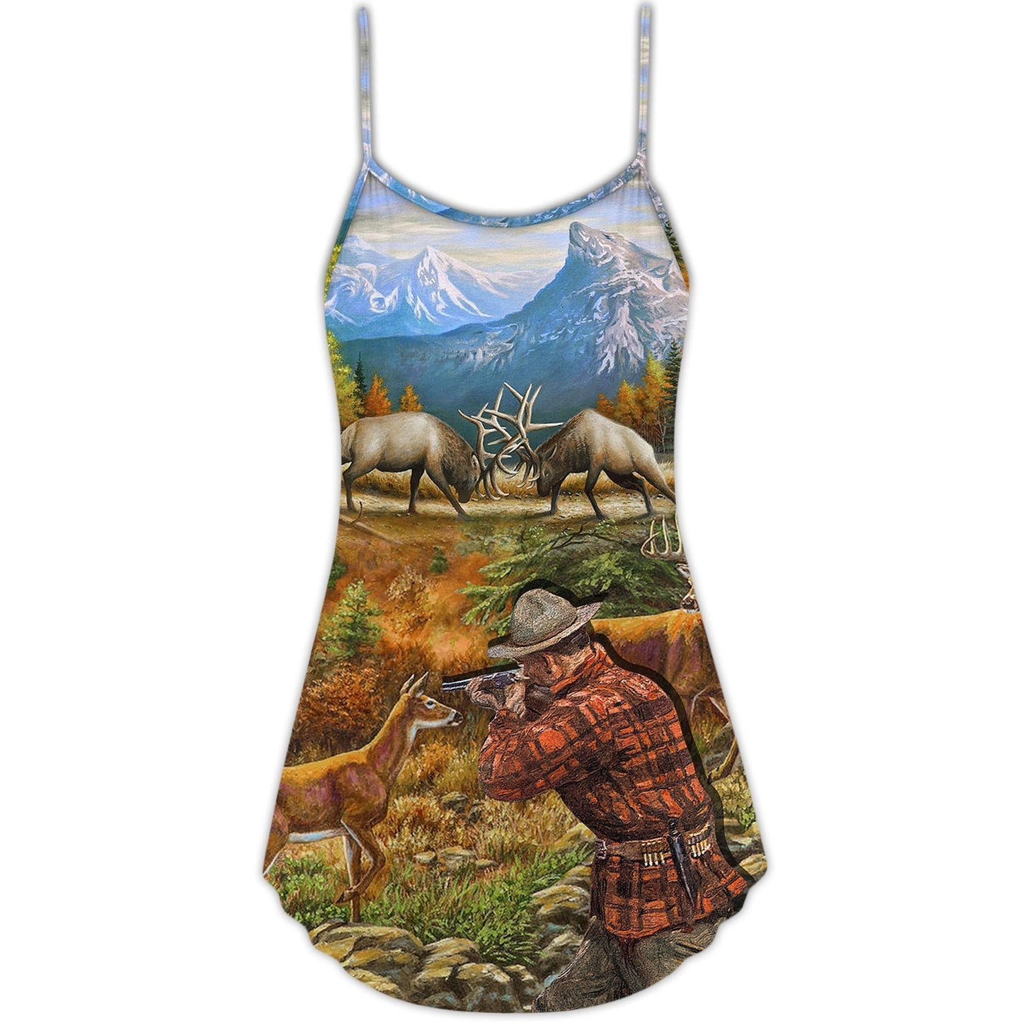 Hunting Deer Cool Art V-Neck Sleeveless Cami Dress For Summer Events And Comfortable Everyday Style